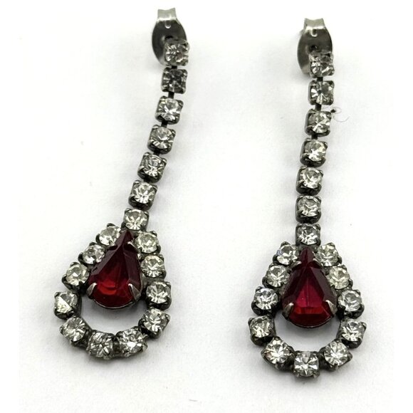 Vintage red rhinestone dangle drop earrings - Picture 1 of 5